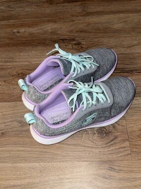 Skechers Gray Knit Athletic Sneakers with Lavender and Mint Accents.